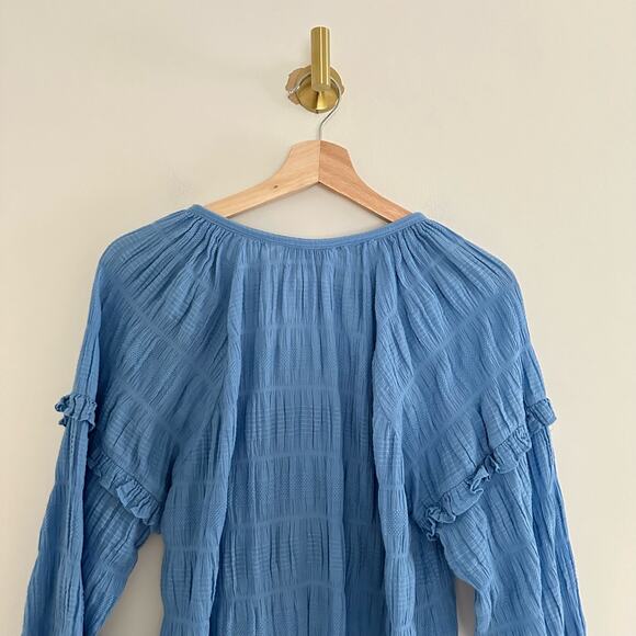 Cleobella Azariah Long Sleeve Smocked Split Neck Blouse Blue S - Picture 12 of 12
